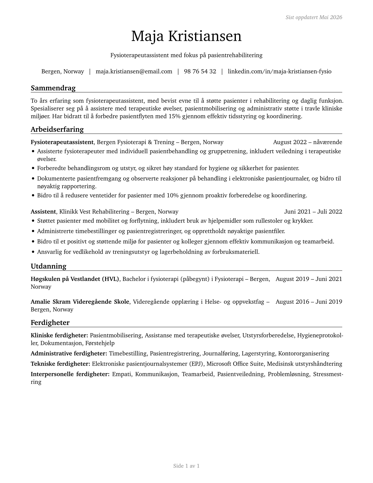 Physical Therapist Aides CV in Norwegian_bokmal — page 1