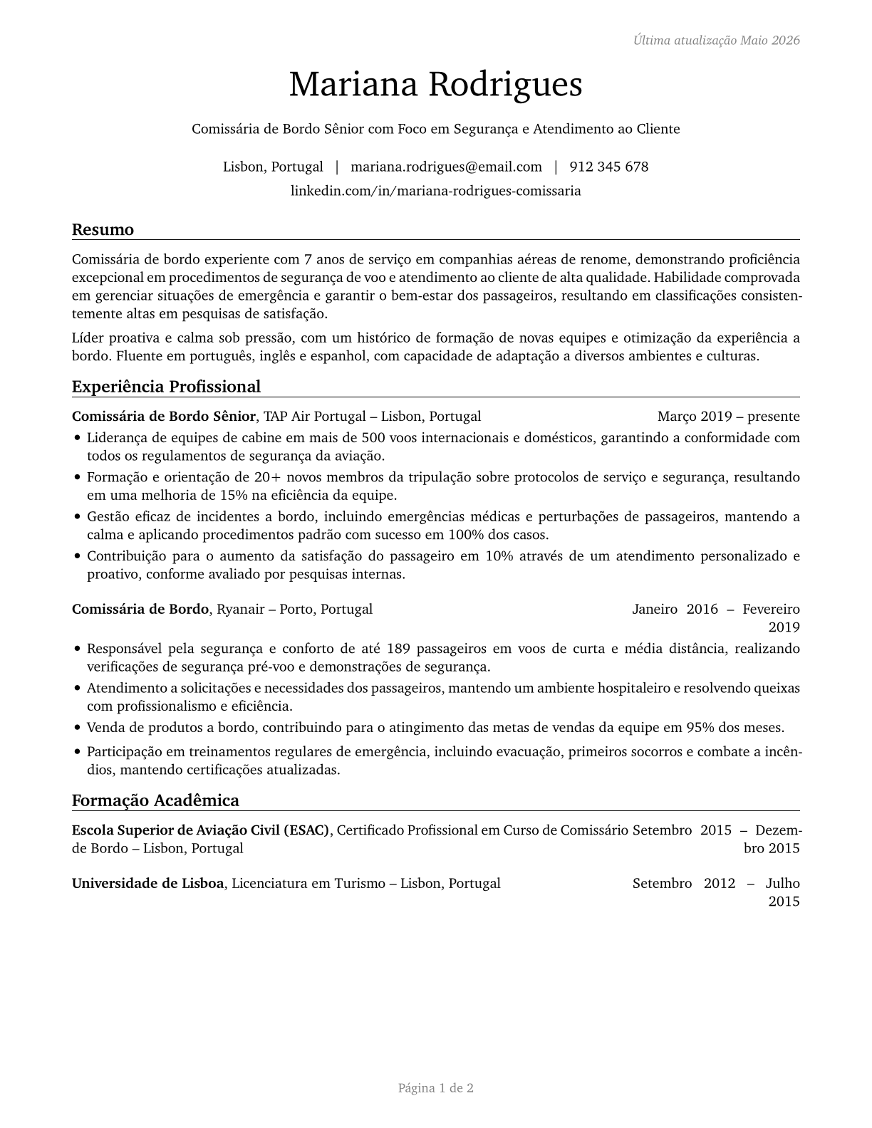 Flight Attendants CV in Portuguese — page 1