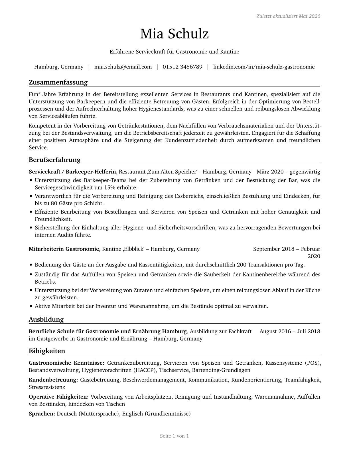 Dining Room and Cafeteria Attendants and Bartender Helpers CV in German — page 1