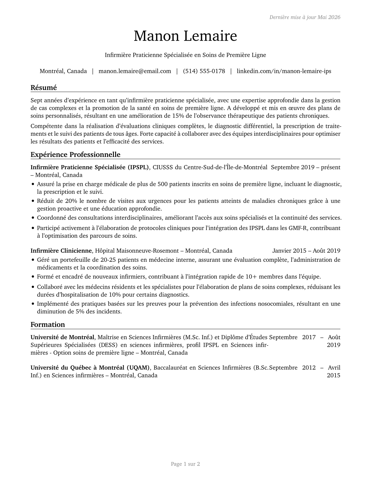 Nurse Practitioners CV in French — page 1