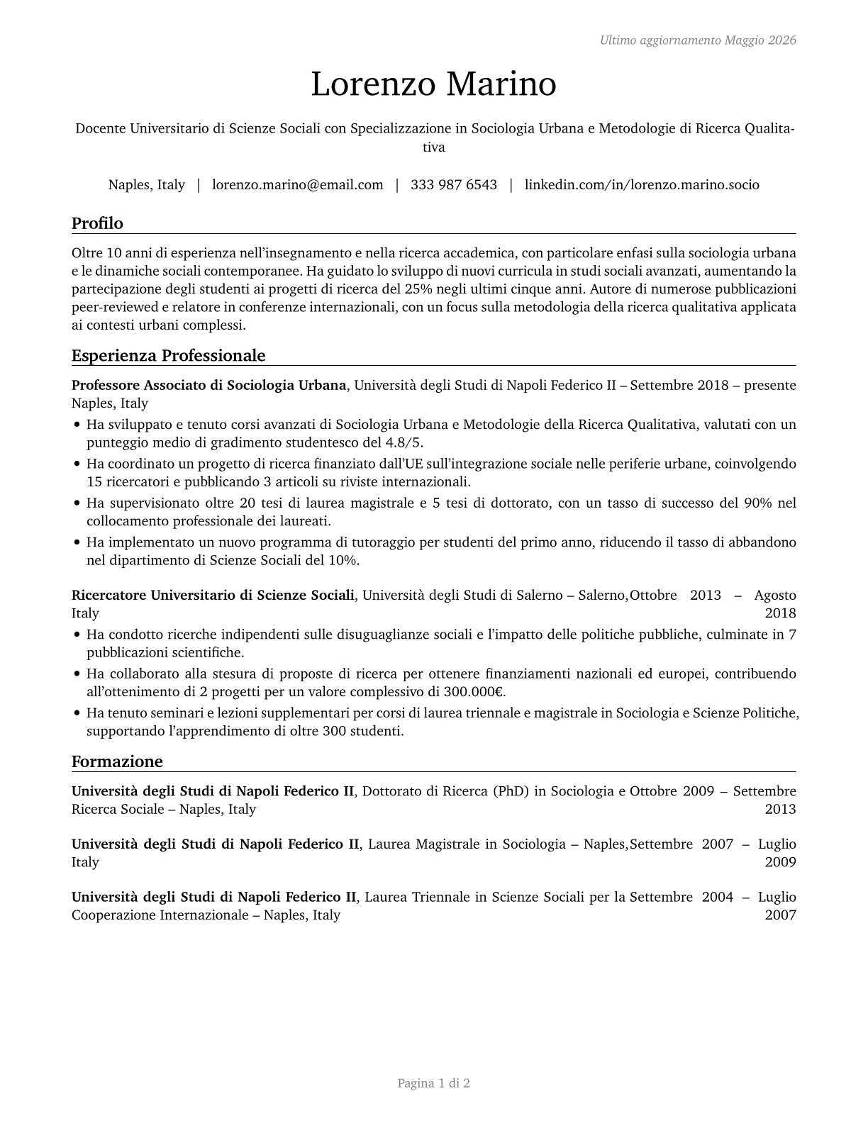 Social Sciences Teachers, Postsecondary, All Other CV in Italian — page 1