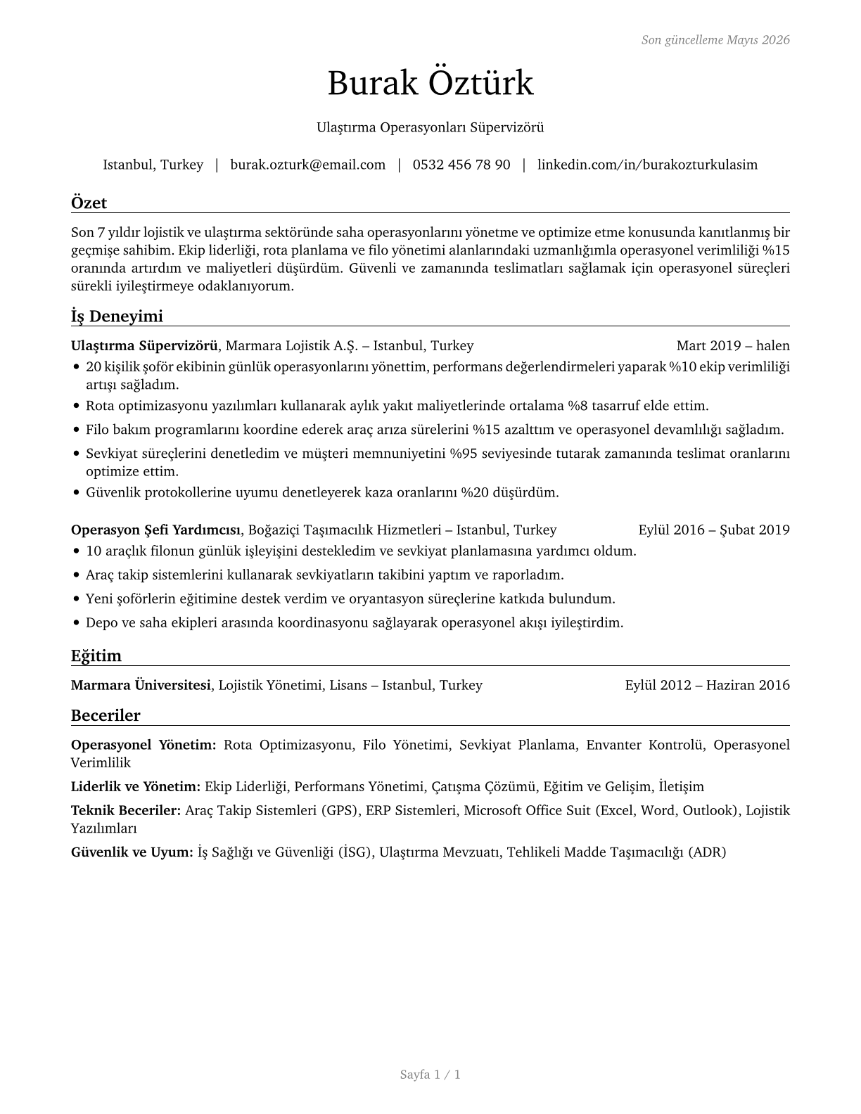 First-Line Supervisors of Transportation Workers, All Other CV in Turkish — page 1