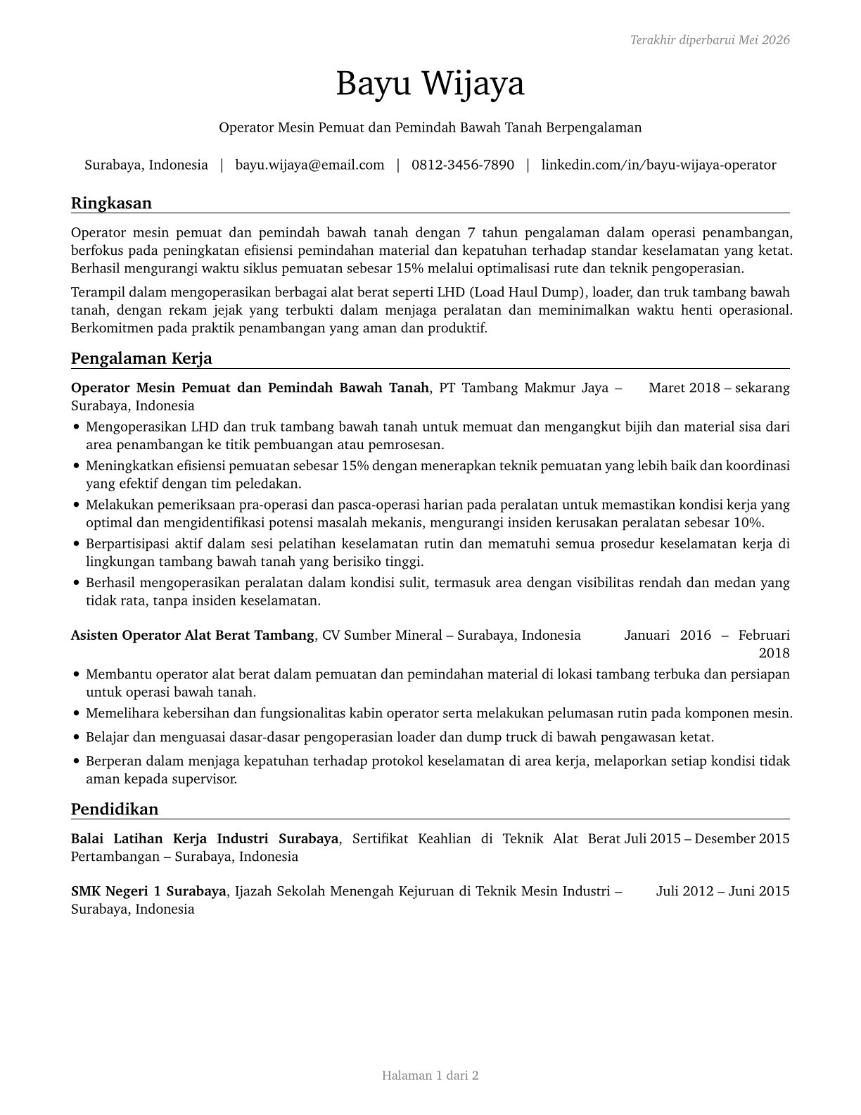 Loading and Moving Machine Operators, Underground Mining CV in Indonesian — page 1