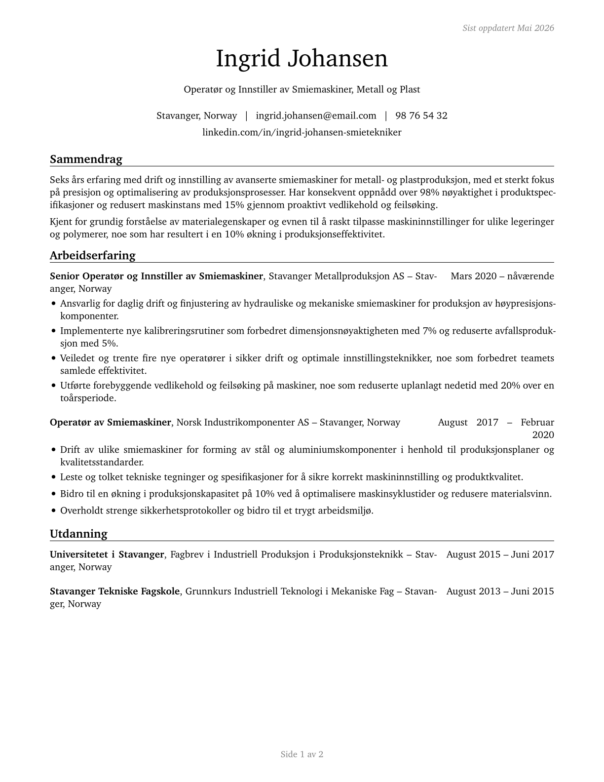 Forging Machine Setters, Operators, and Tenders, Metal and Plastic CV in Norwegian_bokmal — page 1