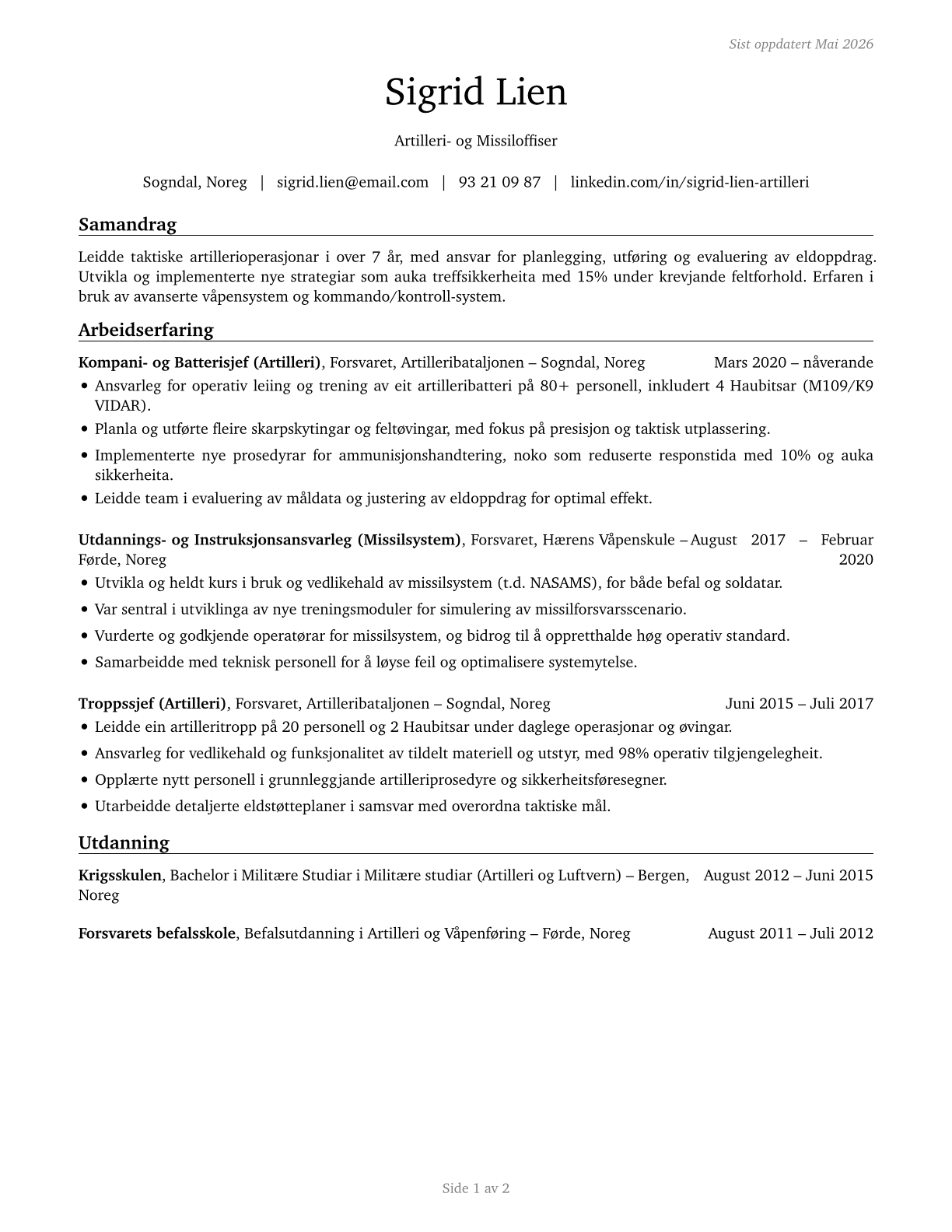 Artillery and Missile Officers CV in Norwegian_nynorsk — page 1