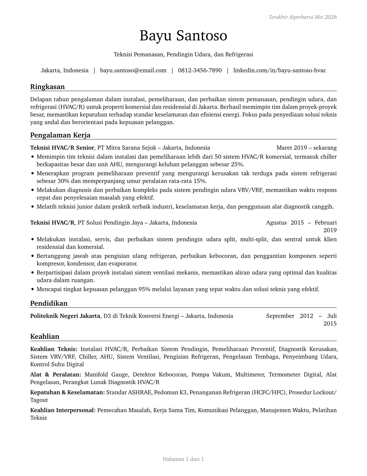 Heating, Air Conditioning, and Refrigeration Mechanics and Installers CV in Indonesian — page 1