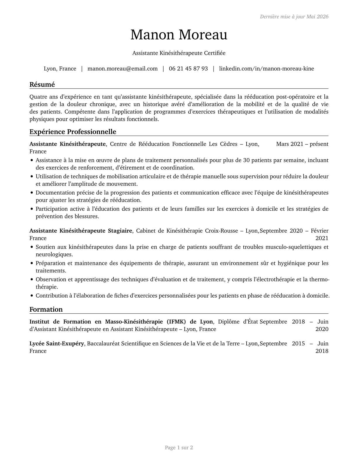 Physical Therapist Assistants CV in French — page 1