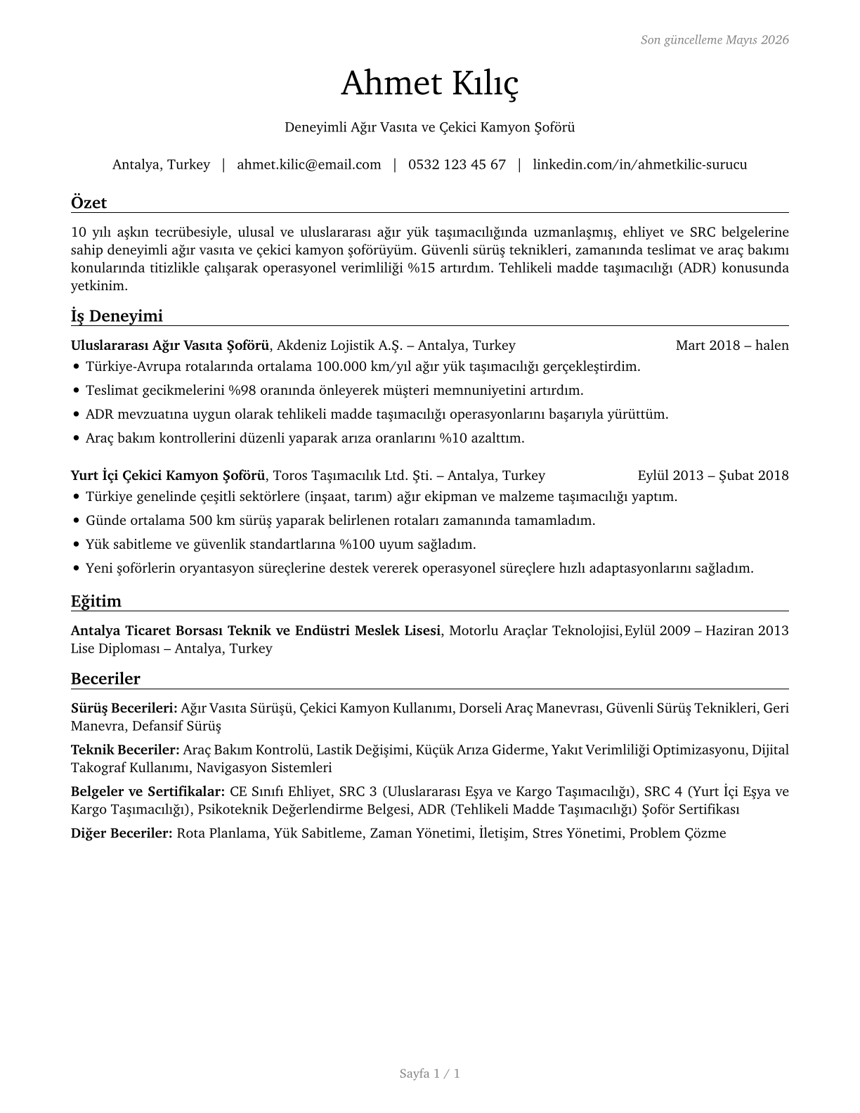 Heavy and Tractor-Trailer Truck Drivers CV in Turkish — page 1