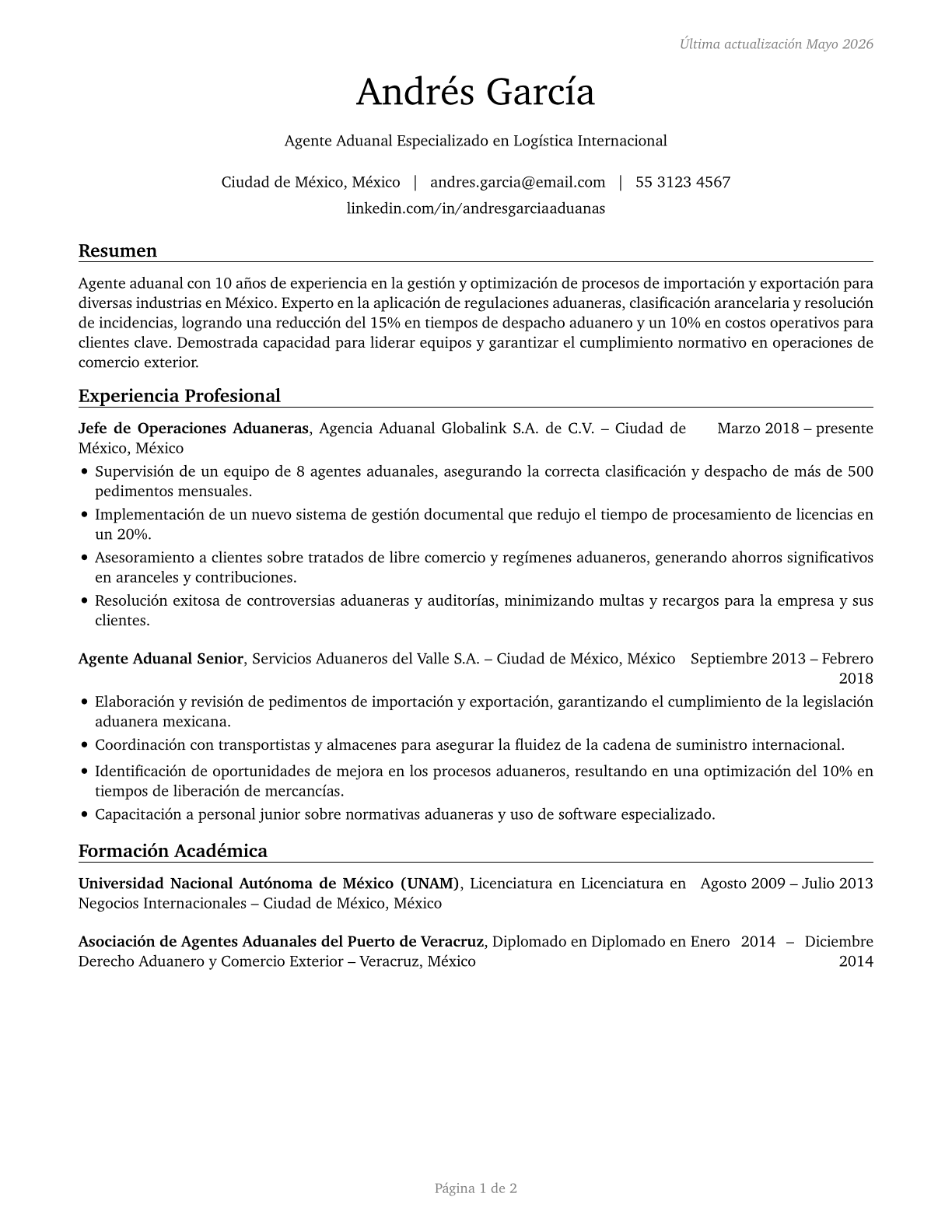 Customs Brokers CV in Spanish — page 1