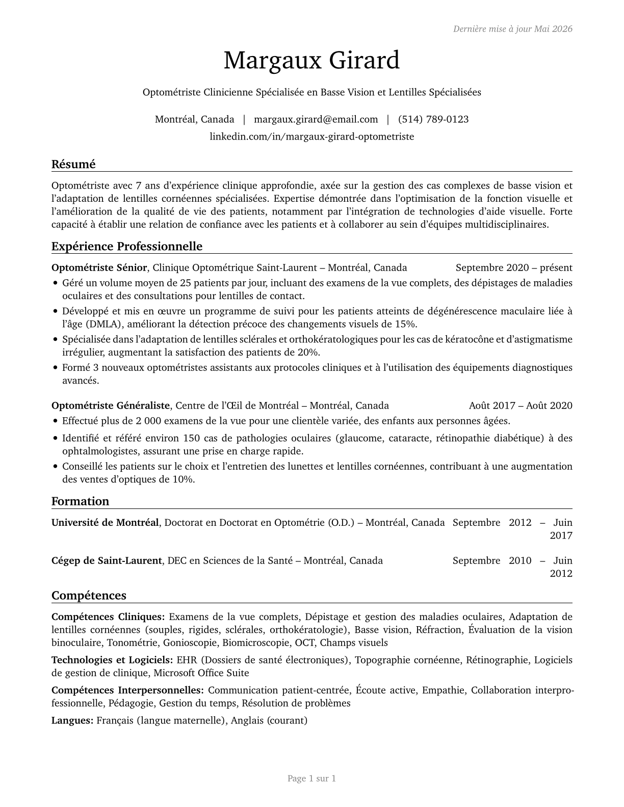 Optometrists CV in French — page 1