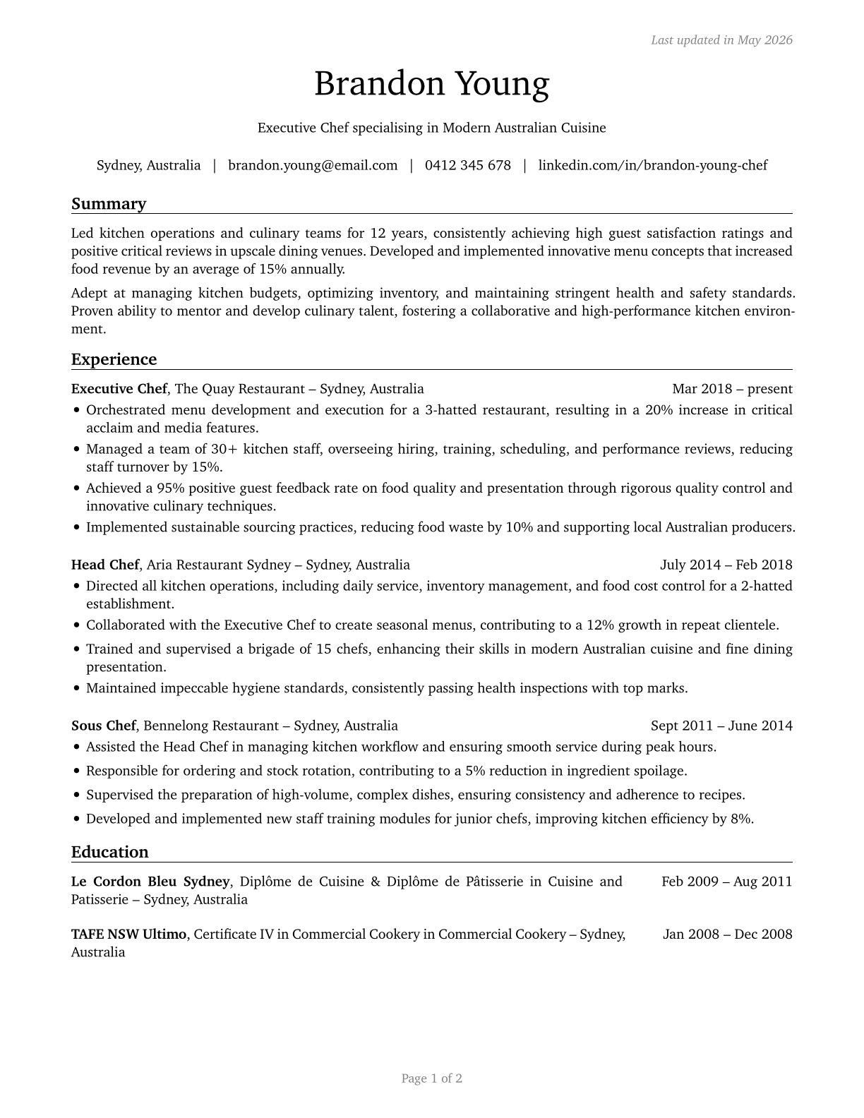 Chefs and Head Cooks CV in English — page 1
