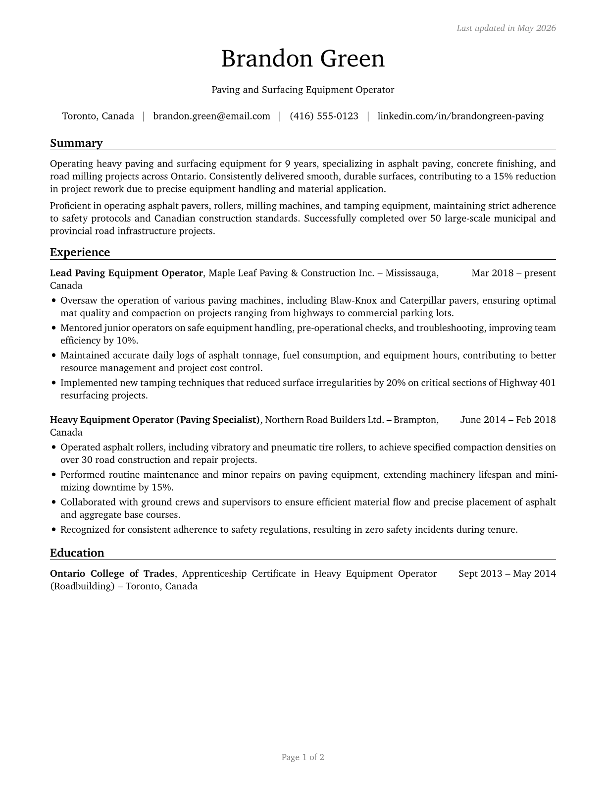 Paving, Surfacing, and Tamping Equipment Operators CV in English — page 1