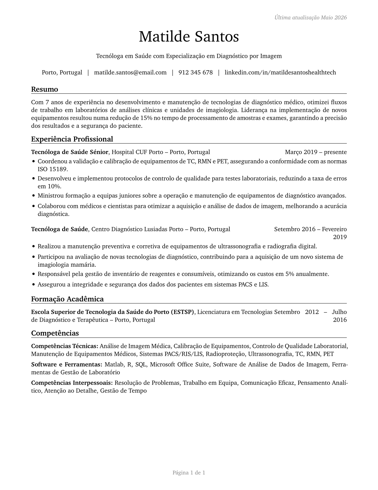 Health Technologists and Technicians, All Other CV in Portuguese — page 1