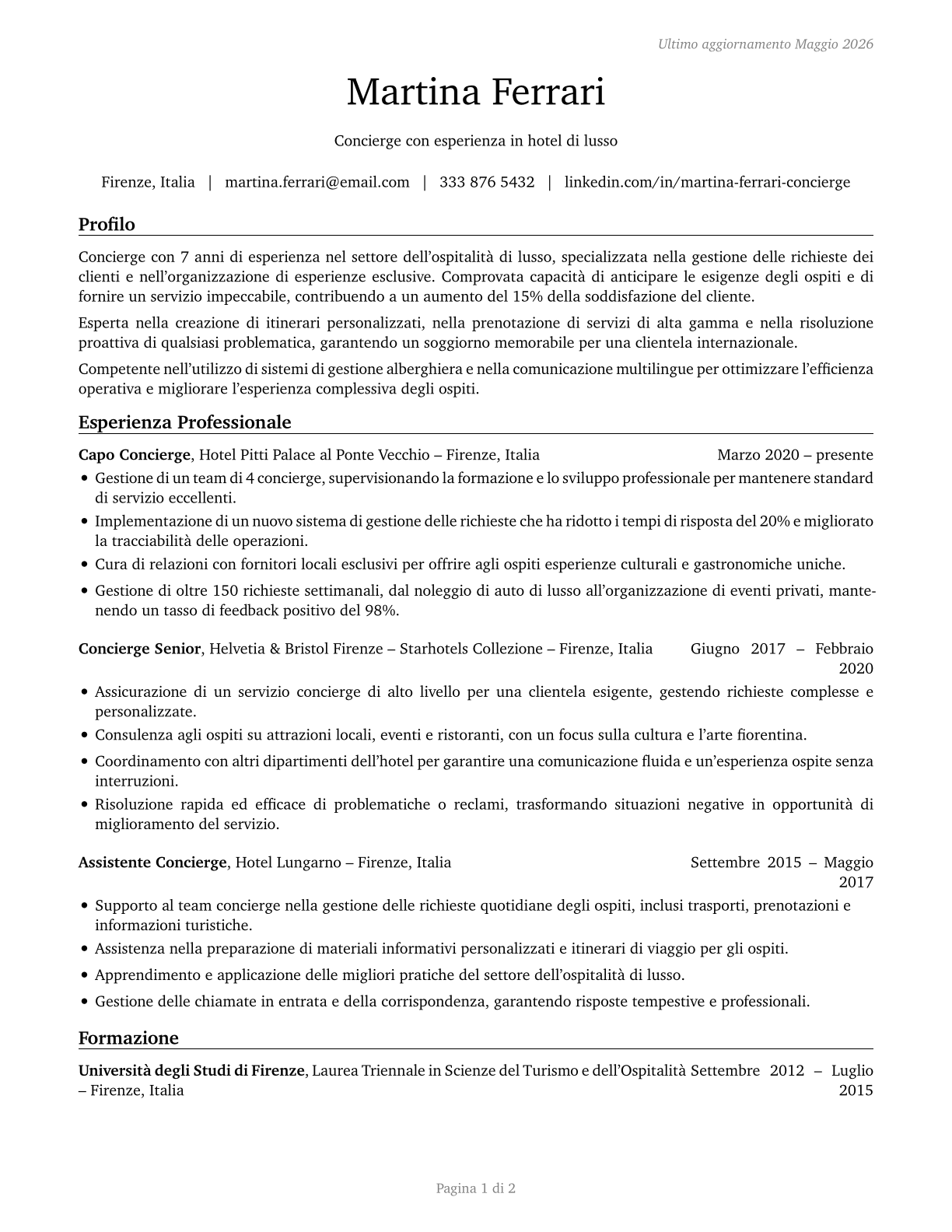 Concierges CV in Italian — page 1