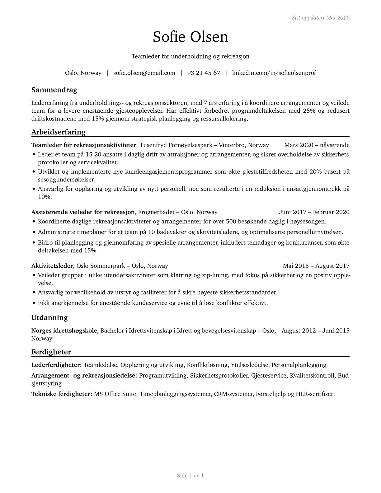 First-Line Supervisors of Entertainment and Recreation Workers, Except Gambling Services CV in Norwegian_bokmal — page 1