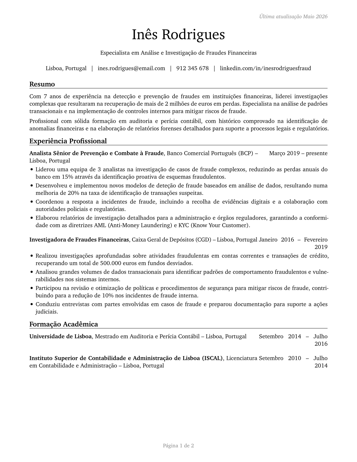 Fraud Examiners, Investigators and Analysts CV in Portuguese — page 1