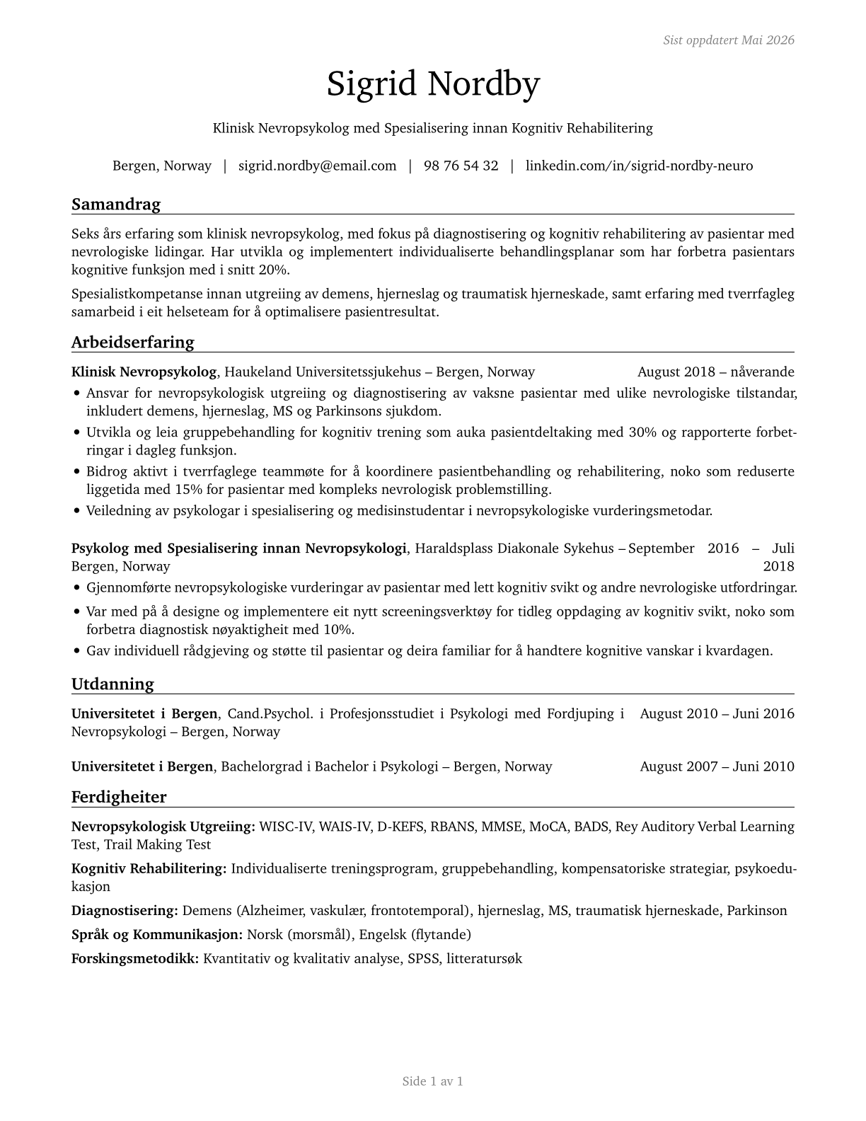 Clinical Neuropsychologists CV in Norwegian_nynorsk — page 1