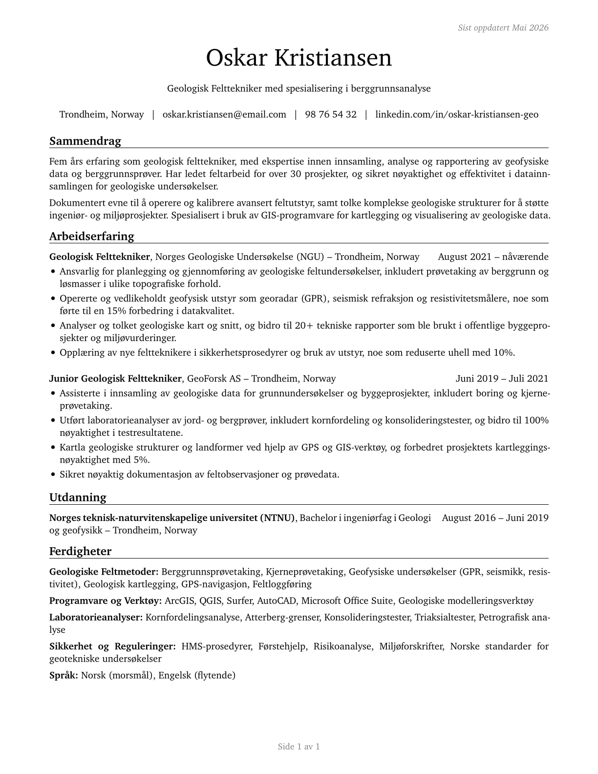 Geological Technicians, Except Hydrologic Technicians CV in Norwegian_bokmal — page 1