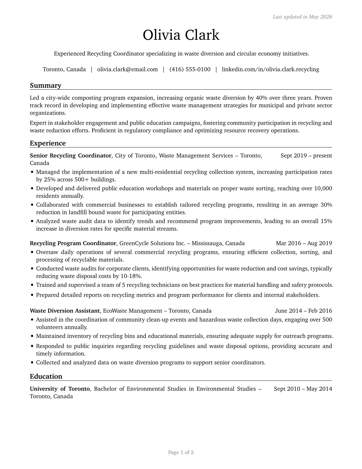 Recycling Coordinators CV in English — page 1