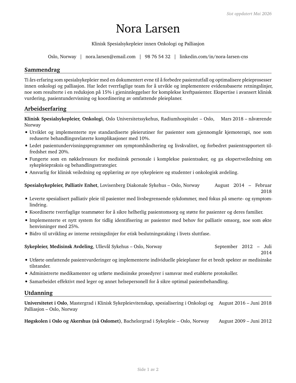 Clinical Nurse Specialists CV in Norwegian_bokmal — page 1