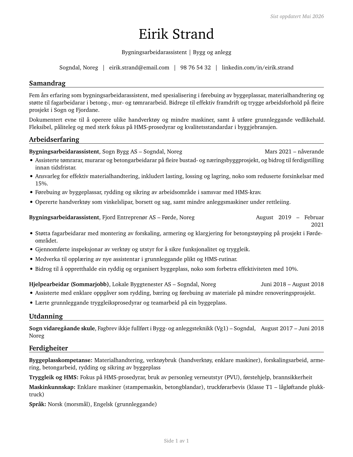 Helpers, Construction Trades, All Other CV in Norwegian_nynorsk — page 1