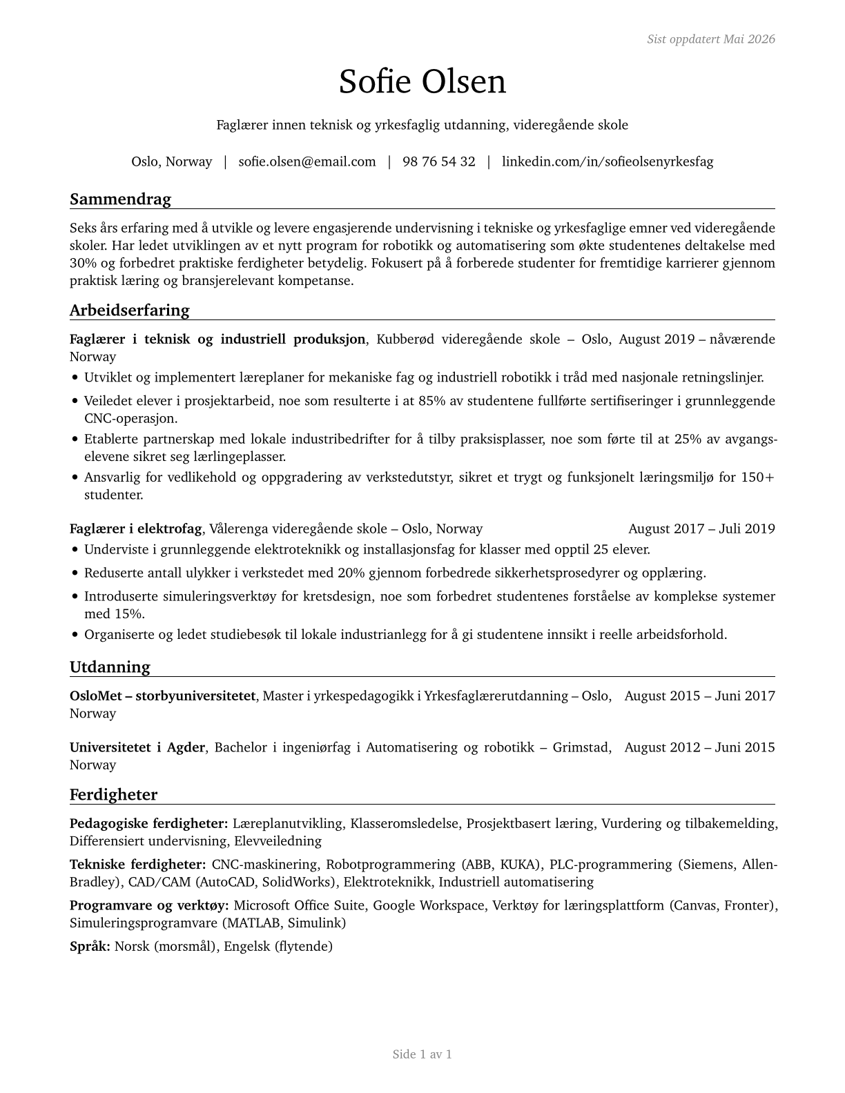 Career/Technical Education Teachers, Secondary School CV in Norwegian_bokmal — page 1