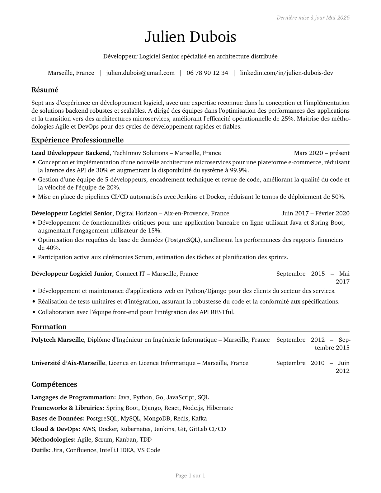 Software Developers CV in French — page 1