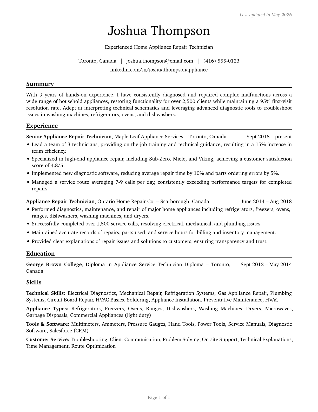 Home Appliance Repairers CV in English — page 1
