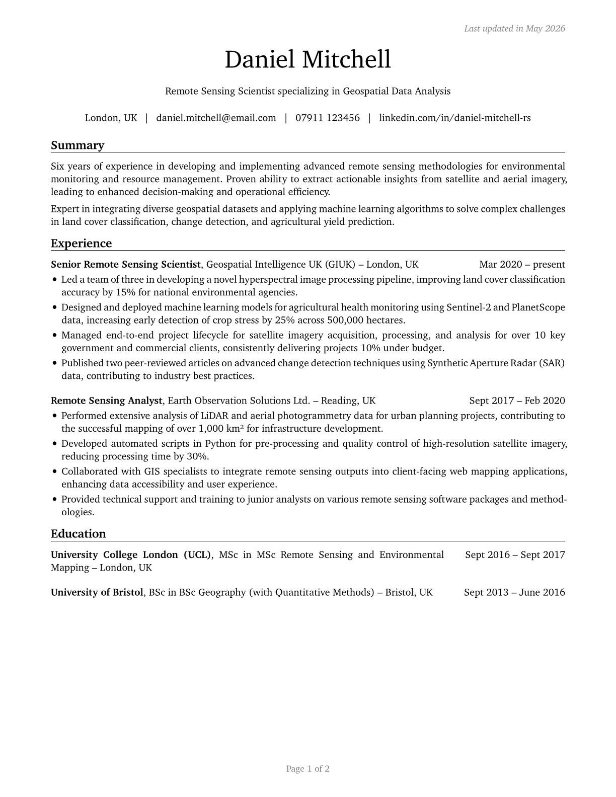 Remote Sensing Scientists and Technologists CV in English — page 1