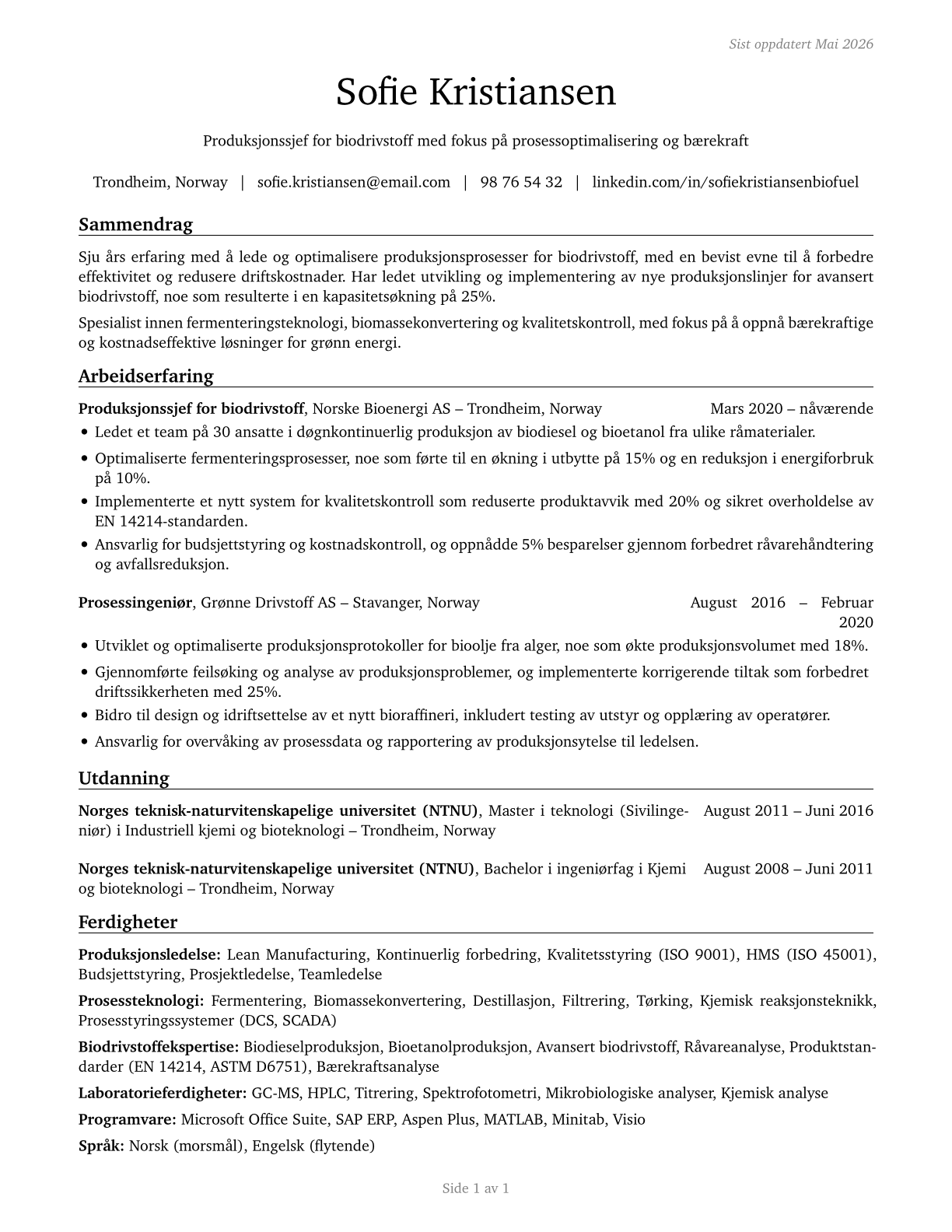 Biofuels Production Managers CV in Norwegian_bokmal — page 1