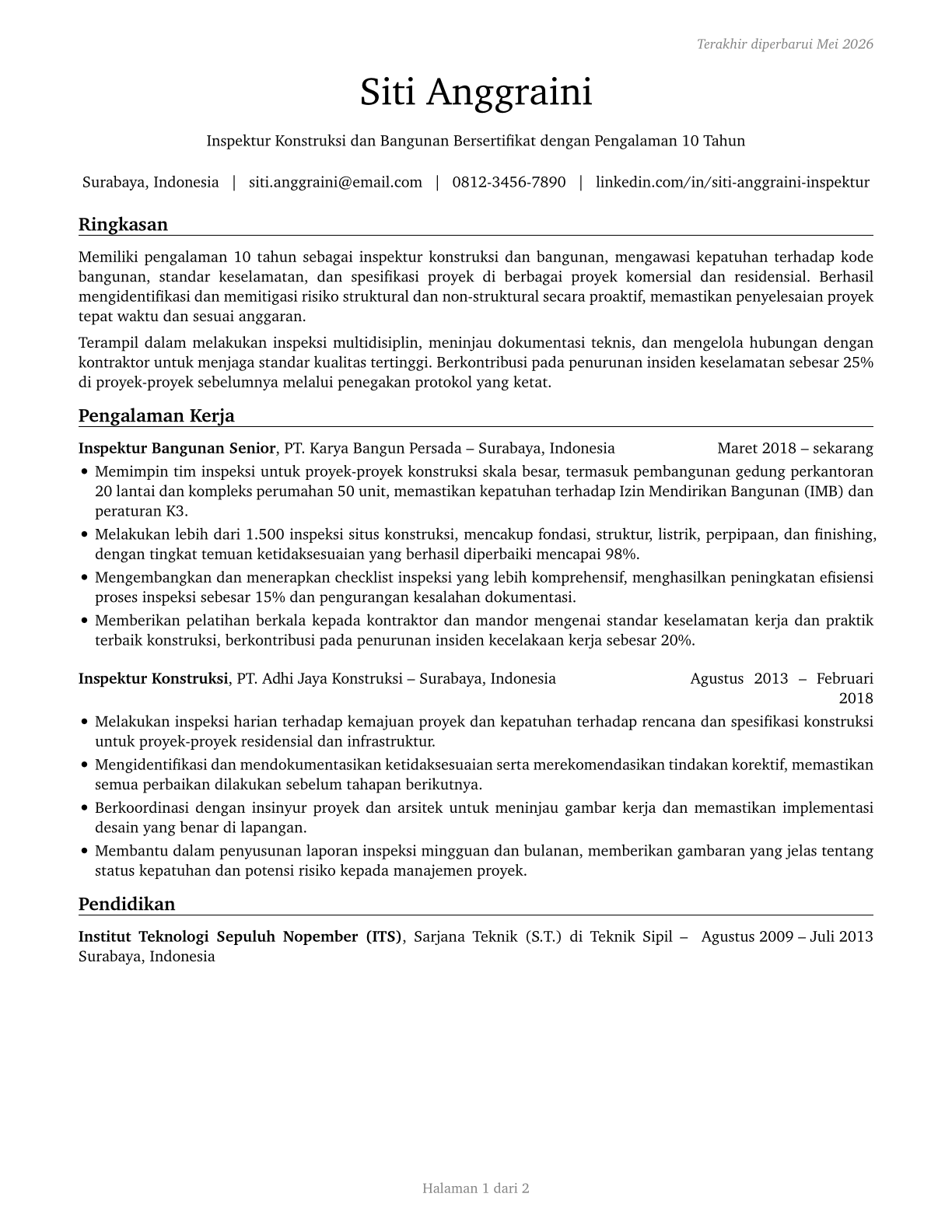 Construction and Building Inspectors CV in Indonesian — page 1