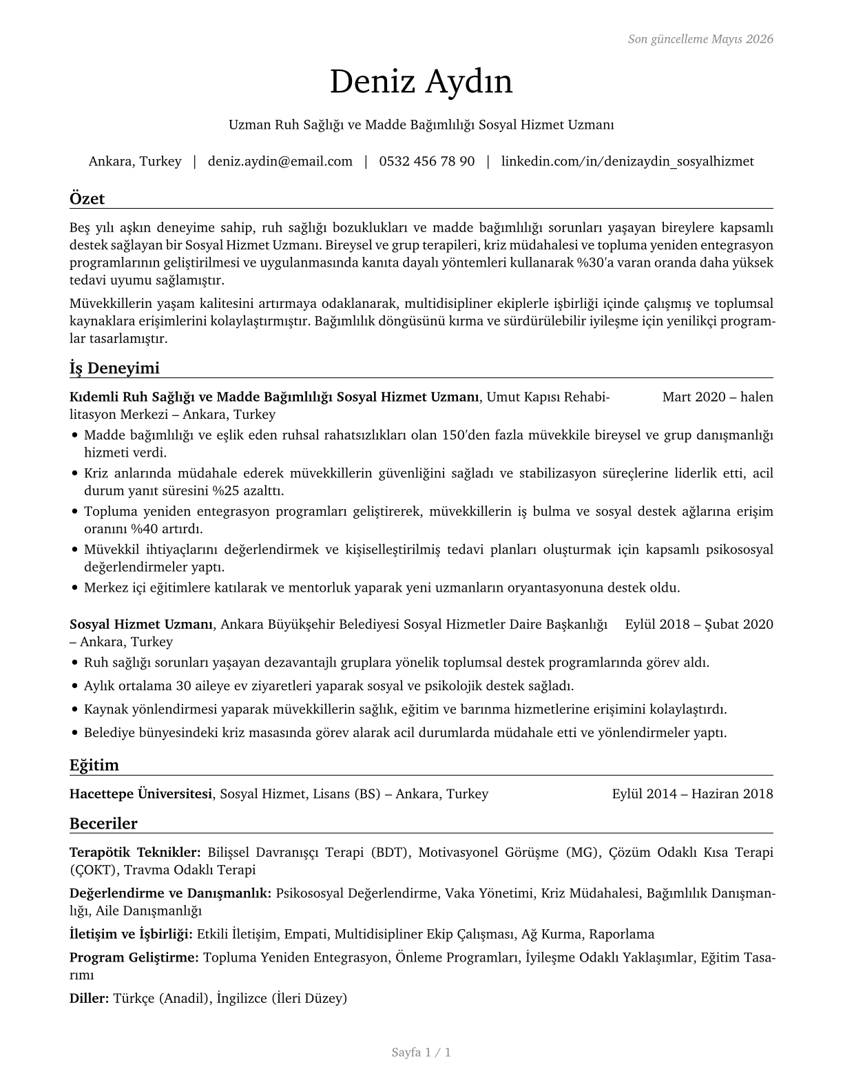 Mental Health and Substance Abuse Social Workers CV in Turkish — page 1