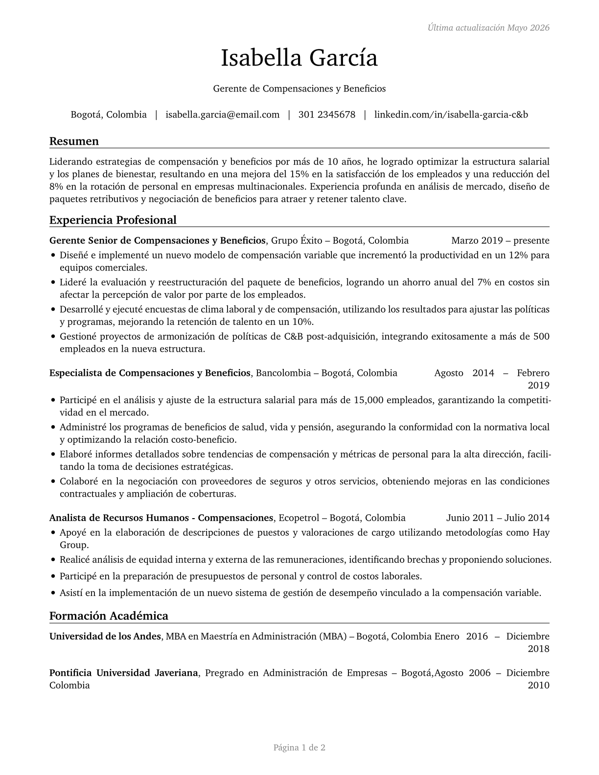 Compensation and Benefits Managers CV in Spanish — page 1