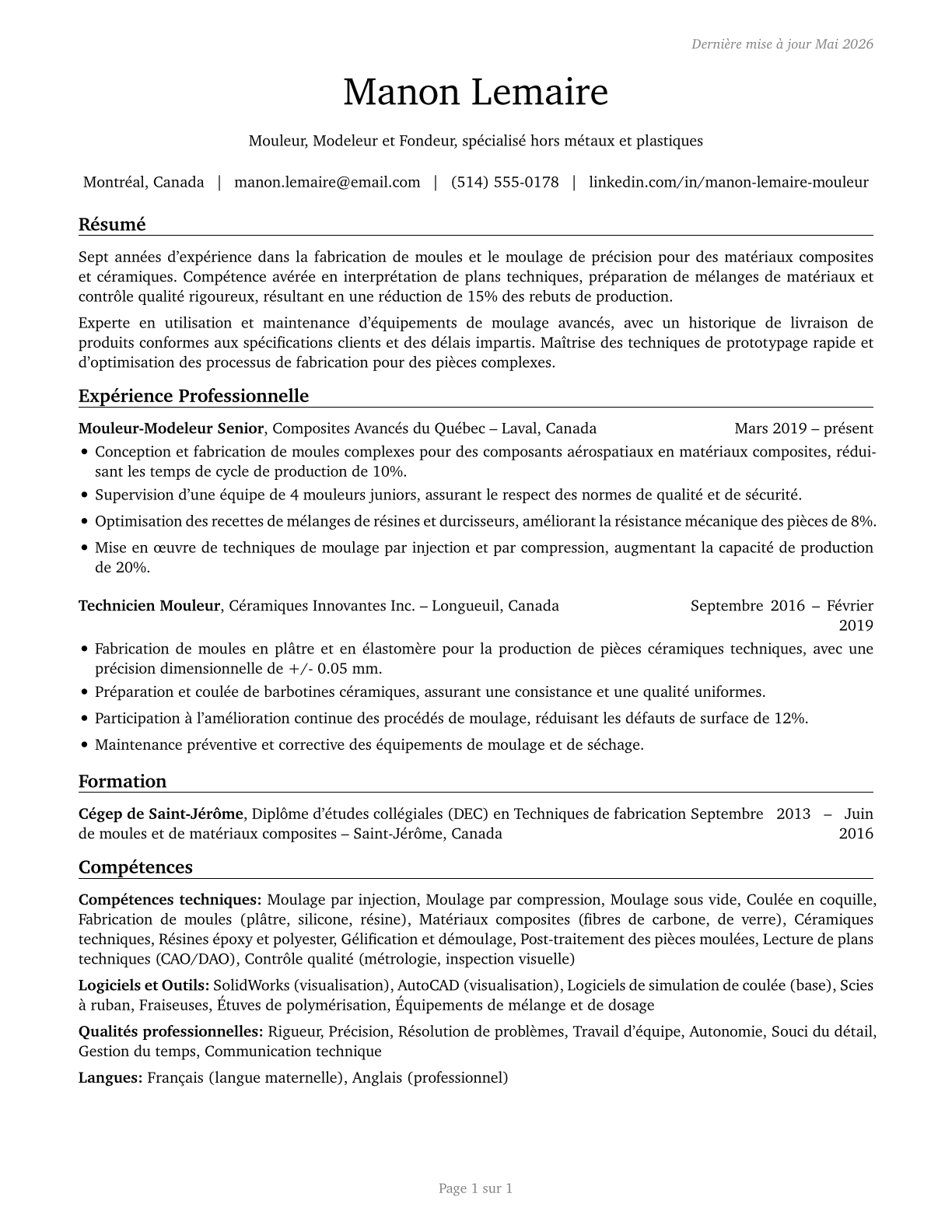 Molders, Shapers, and Casters, Except Metal and Plastic CV in French — page 1