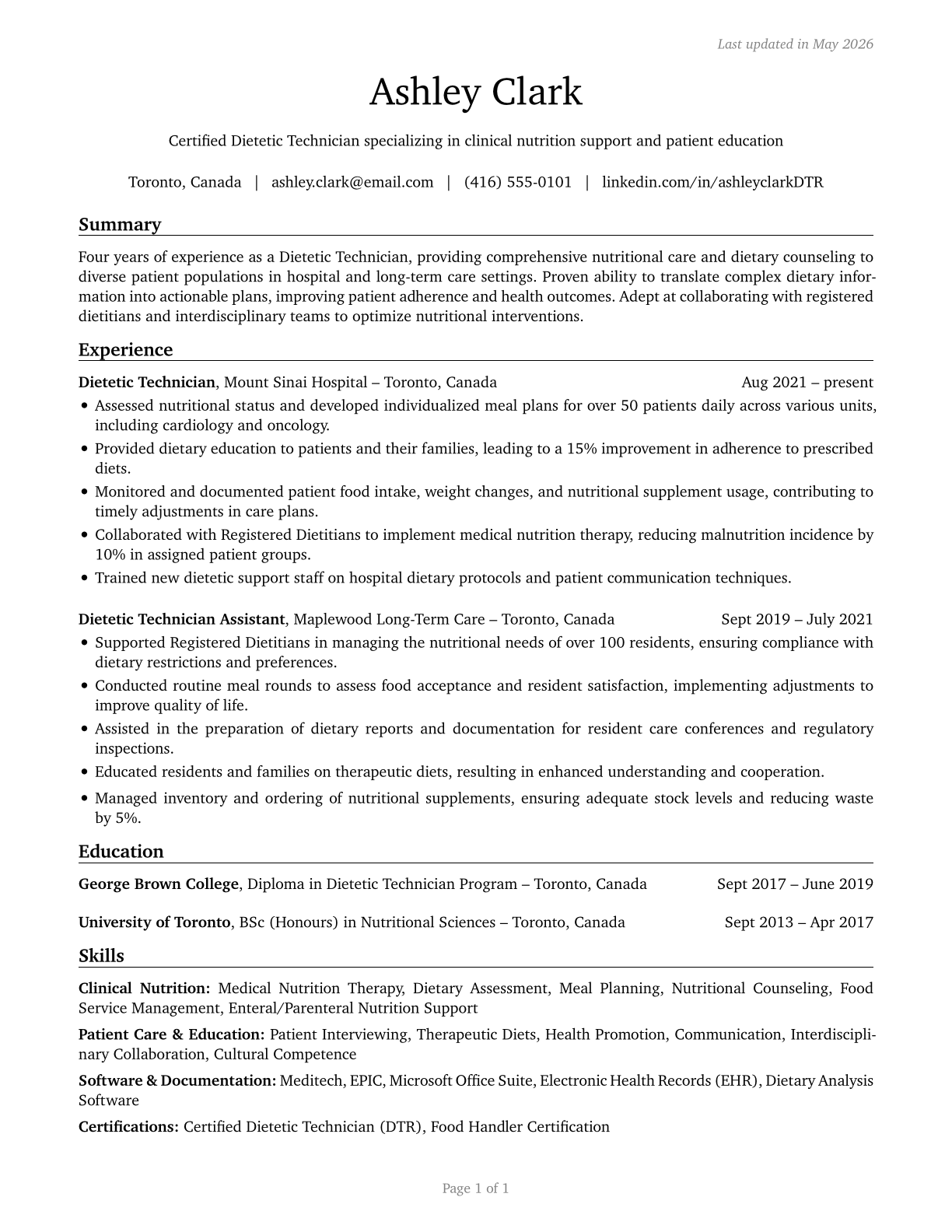 Dietetic Technicians CV in English — page 1