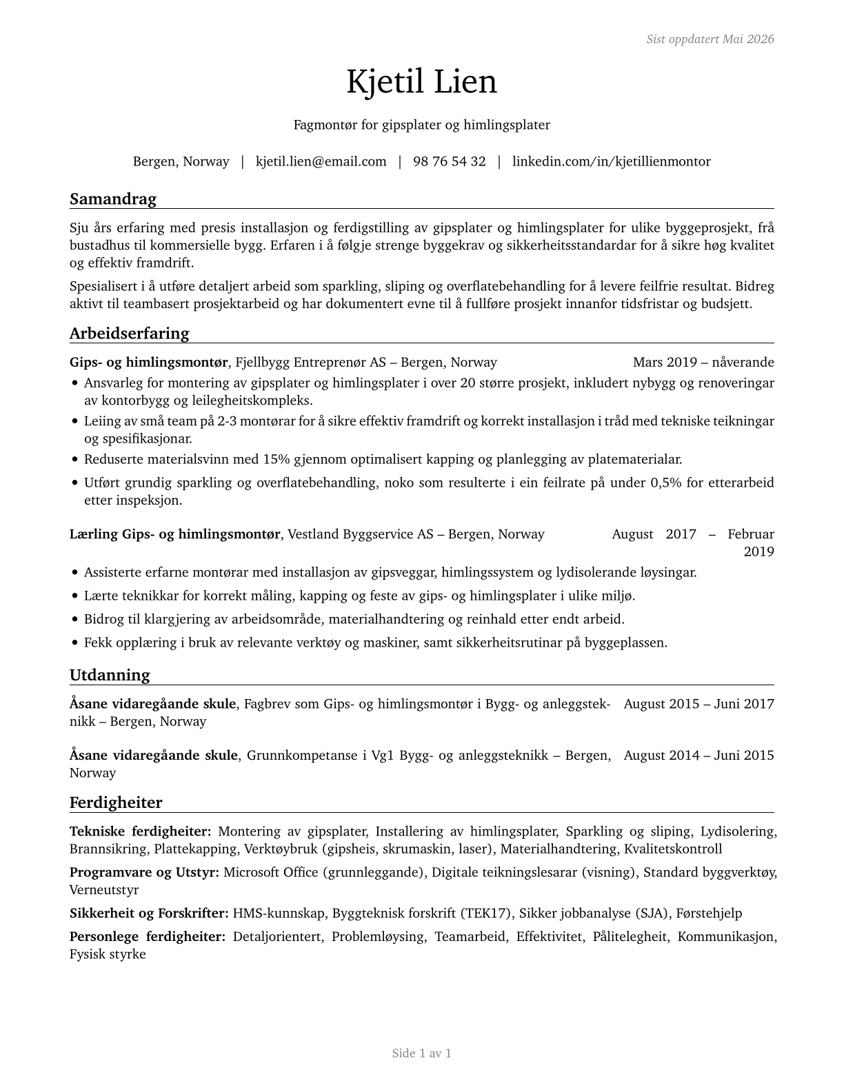 Drywall and Ceiling Tile Installers CV in Norwegian_nynorsk — page 1