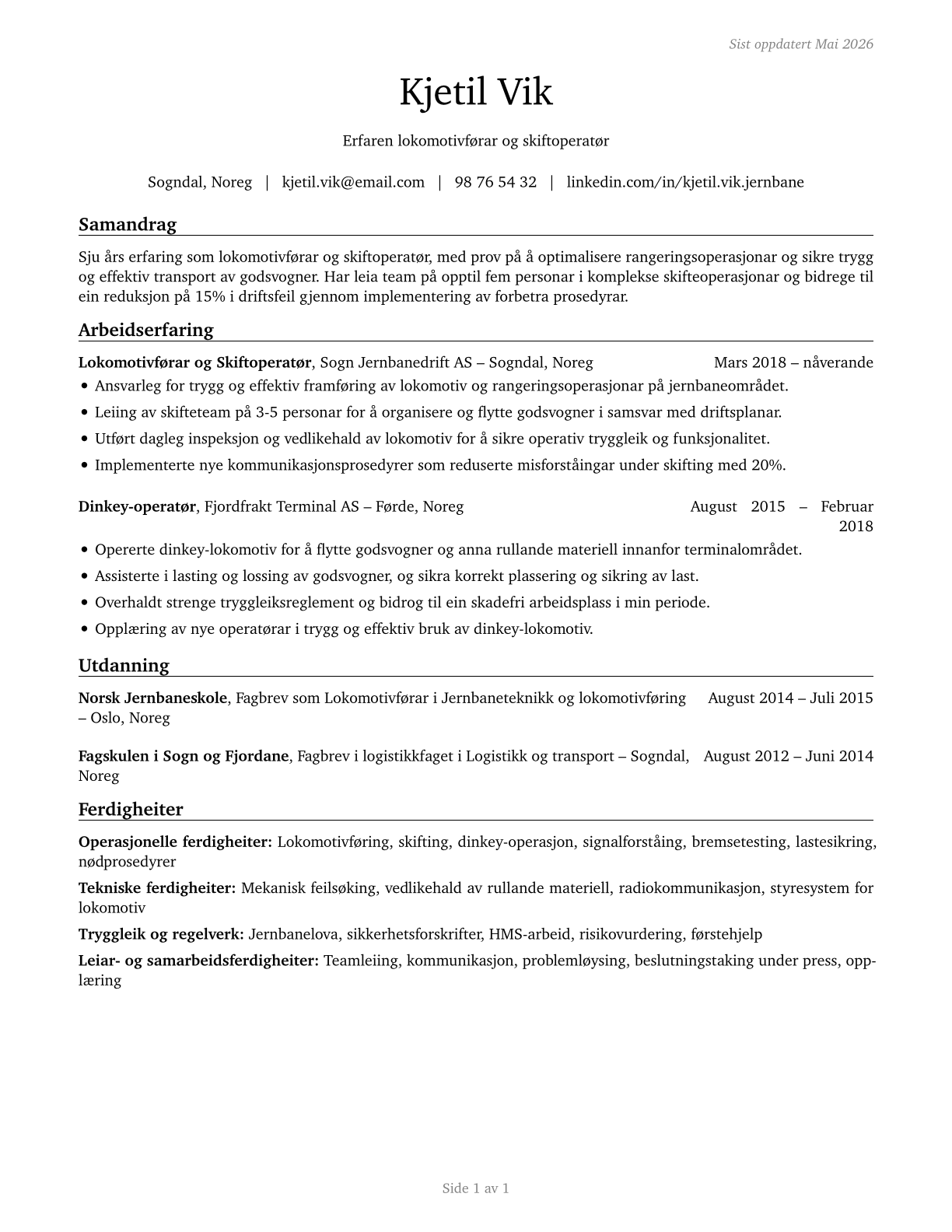 Rail Yard Engineers, Dinkey Operators, and Hostlers CV in Norwegian_nynorsk — page 1