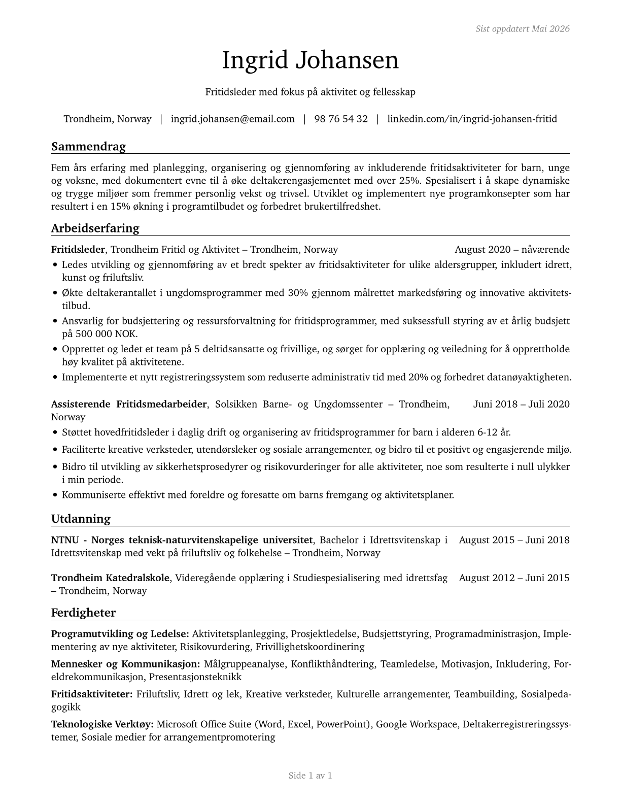 Recreation Workers CV in Norwegian_bokmal — page 1