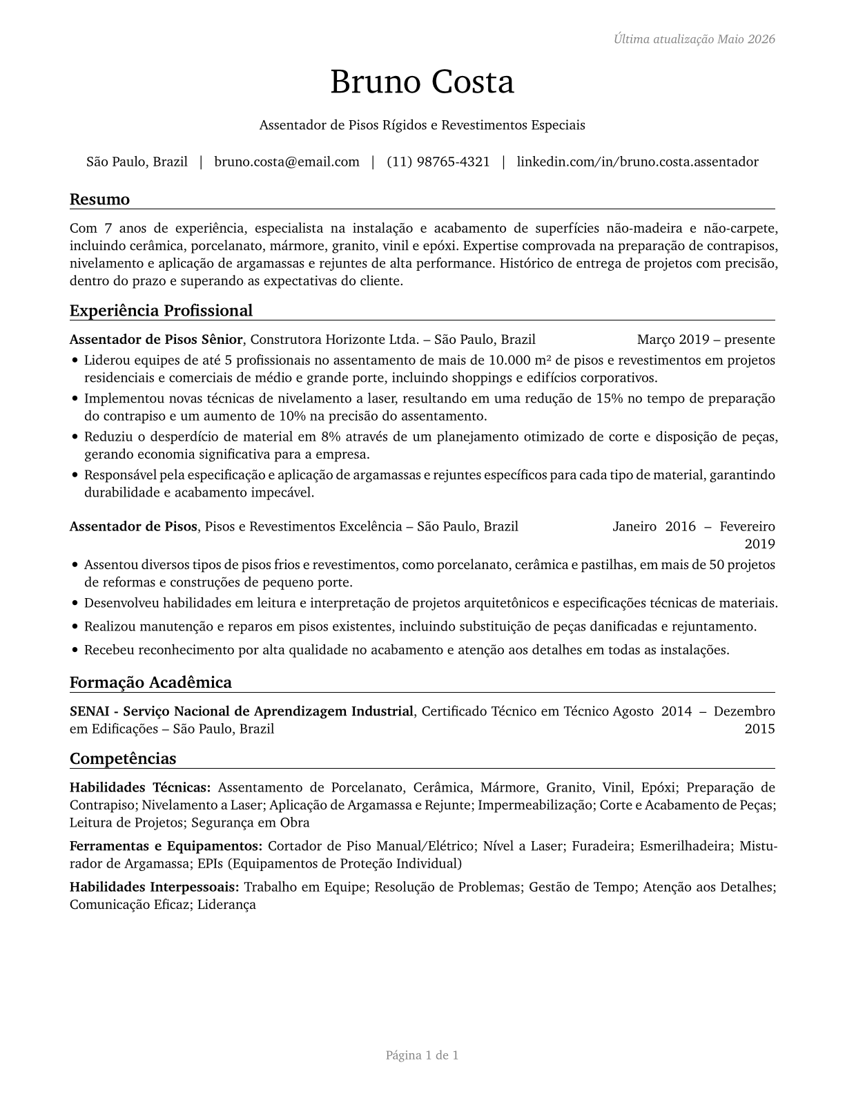 Floor Layers, Except Carpet, Wood, and Hard Tiles CV in Portuguese — page 1