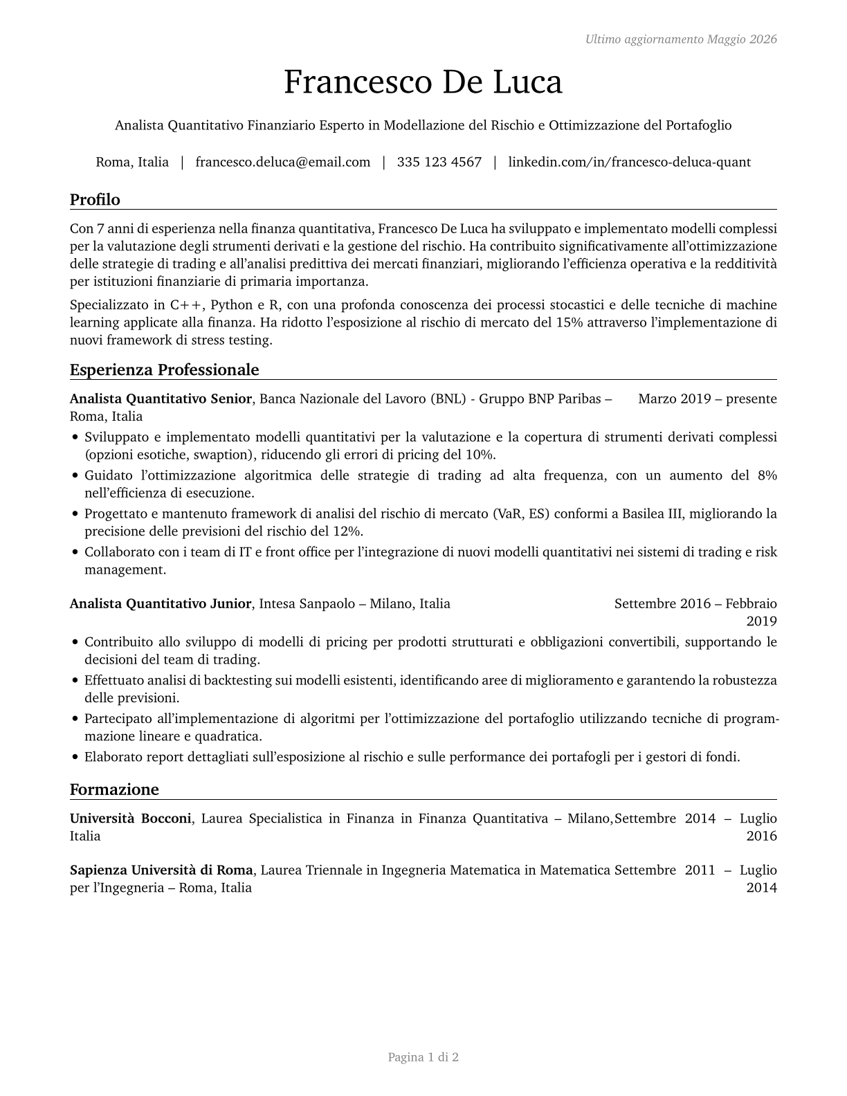 Financial Quantitative Analysts CV in Italian — page 1