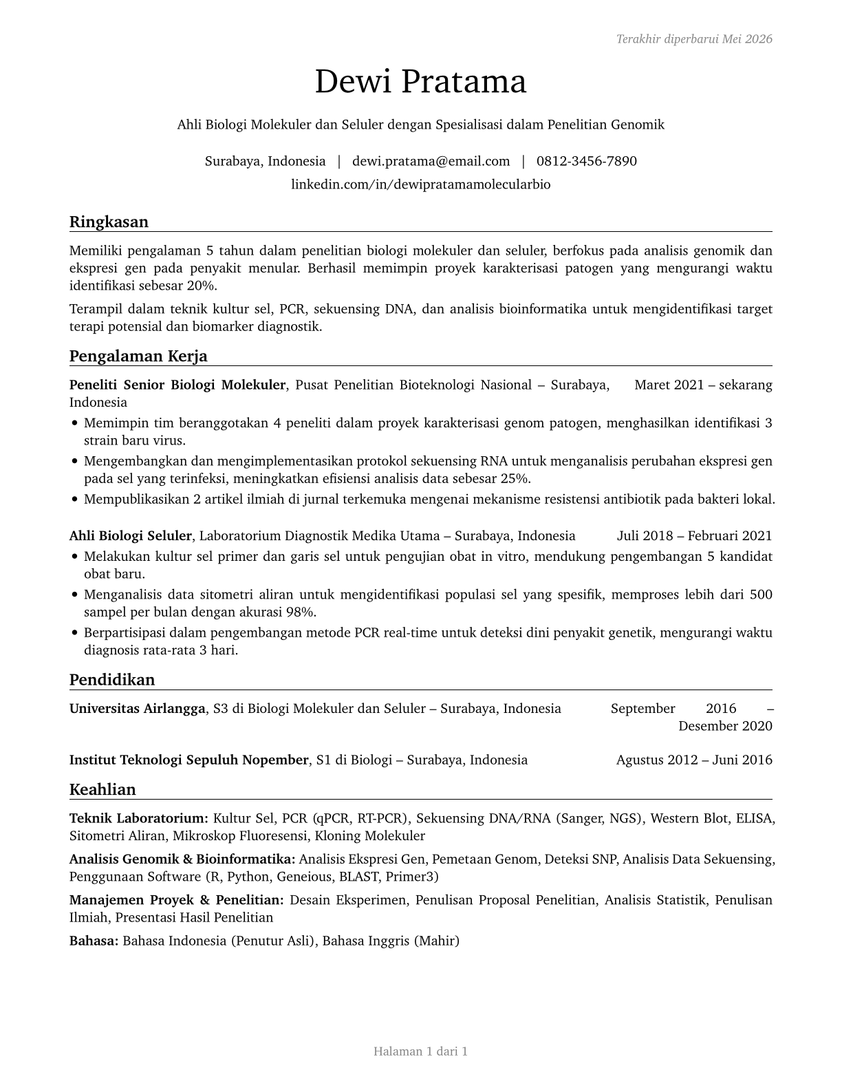 Molecular and Cellular Biologists CV in Indonesian — page 1