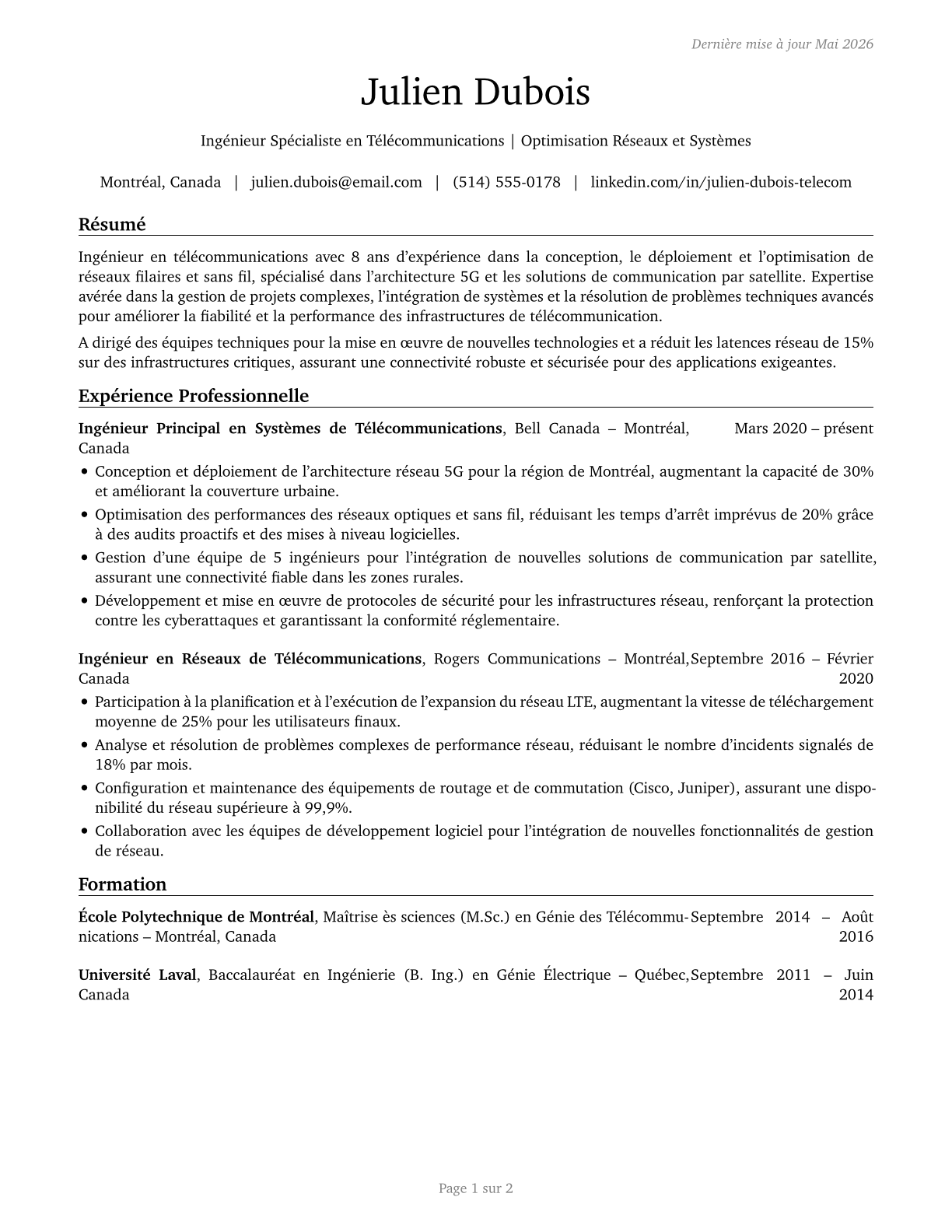 Telecommunications Engineering Specialists CV in French — page 1