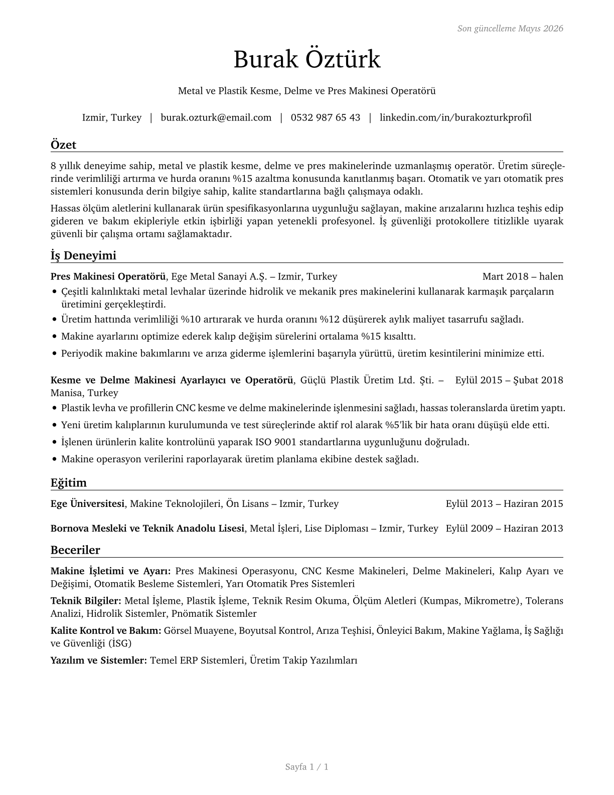 Cutting, Punching, and Press Machine Setters, Operators, and Tenders, Metal and Plastic CV in Turkish — page 1