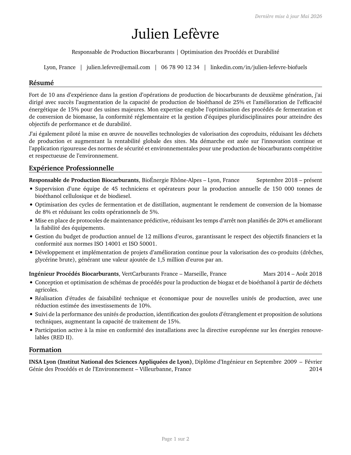 Biofuels Production Managers CV in French — page 1