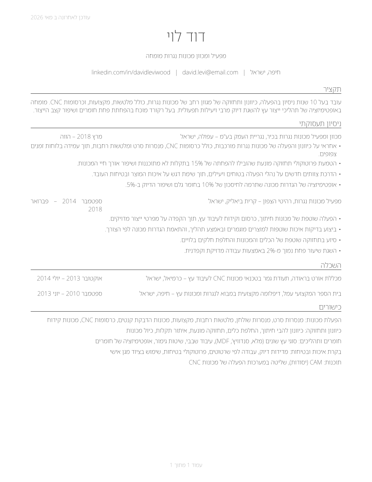Woodworking Machine Setters, Operators, and Tenders, Except Sawing CV in Hebrew — page 1