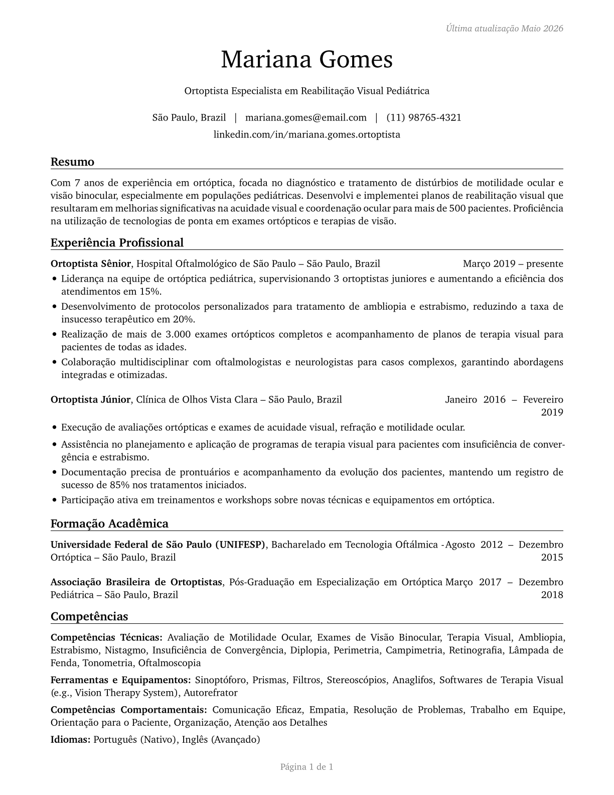 Orthoptists CV in Portuguese — page 1