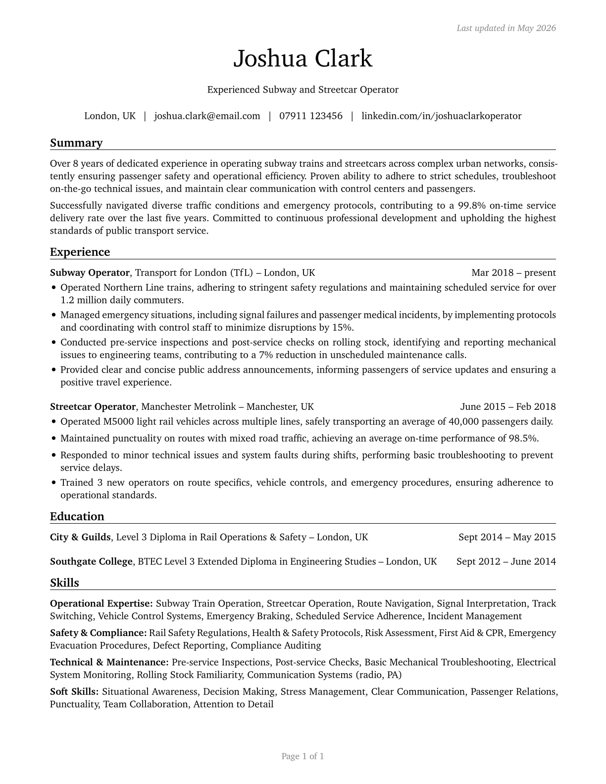 Subway and Streetcar Operators CV in English — page 1