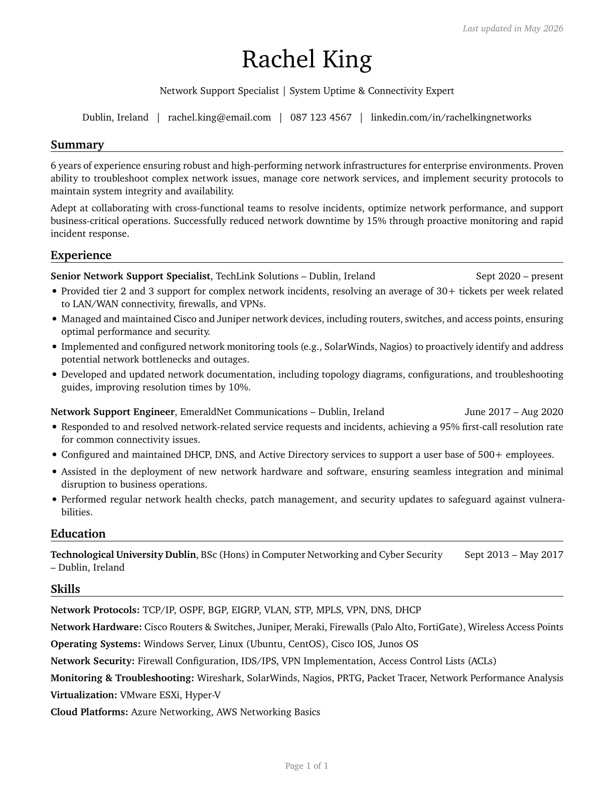 Computer Network Support Specialists CV in English — page 1