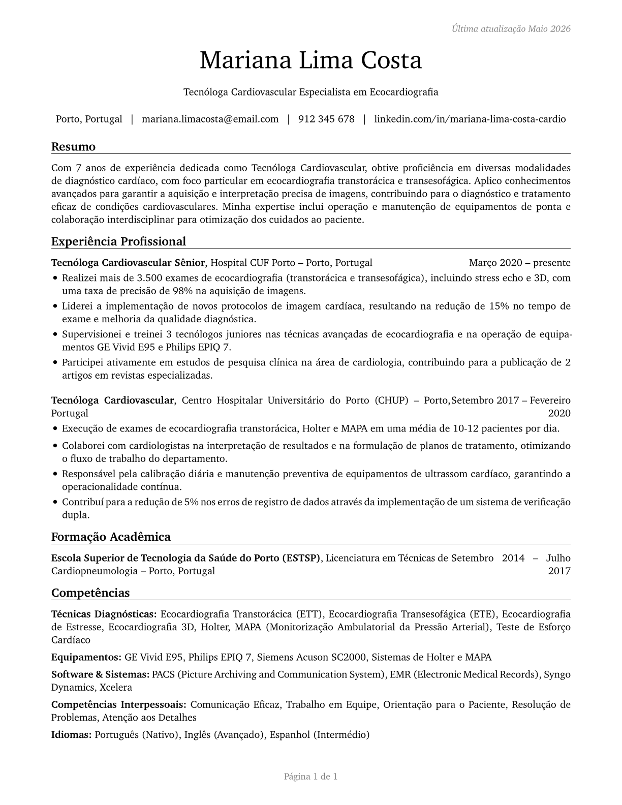 Cardiovascular Technologists and Technicians CV in Portuguese — page 1