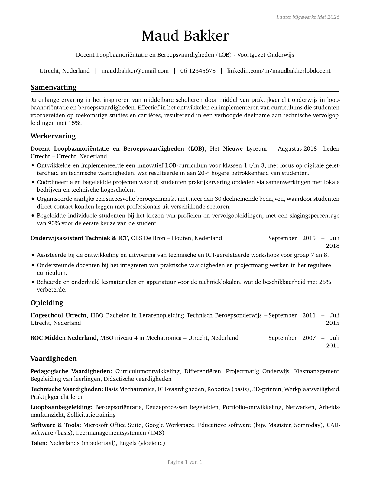 Career/Technical Education Teachers, Middle School CV in Dutch — page 1